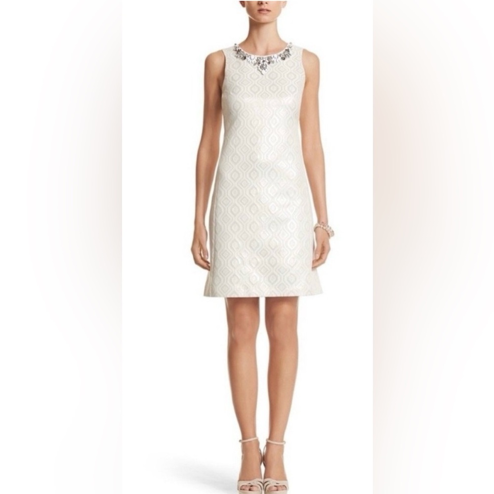 NWT White House Black Market White Geometric Shift Dress With A Jeweled Neckline